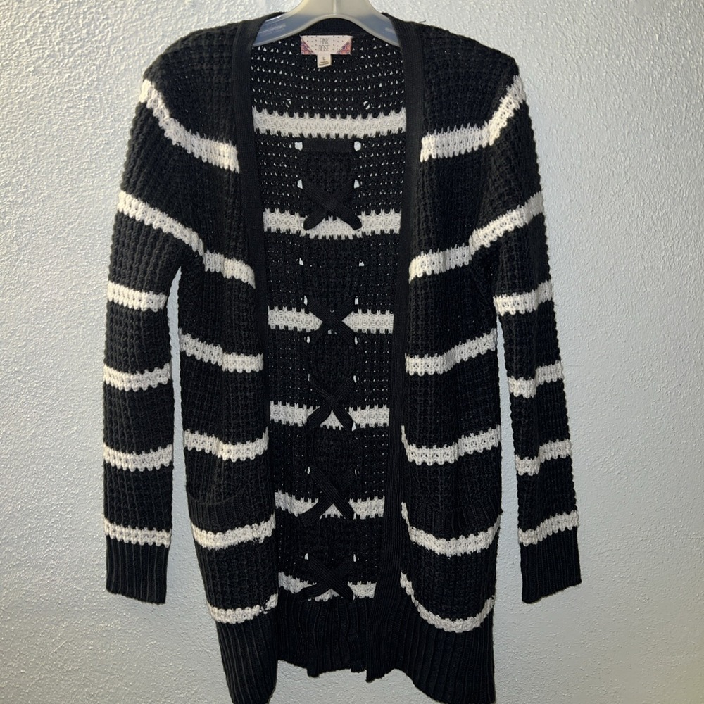 Pink Rose Gray White Striped Lace-Up Back Chunky Knit Cardigan Womens Large